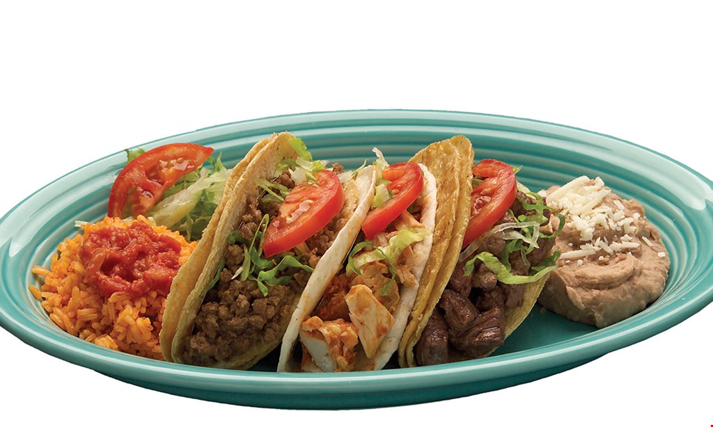 Product image for Pepe's Mexican Restaurant $19.99 super family meal deal. 10 tacos, 1 side of rice, 1 side of beans, chips & regular salsa choose from beef, chicken or pork. Feeds a family of 4 - carry-out only. Stuffed tacos not included. Steak tacos extra $1 charge for each taco.