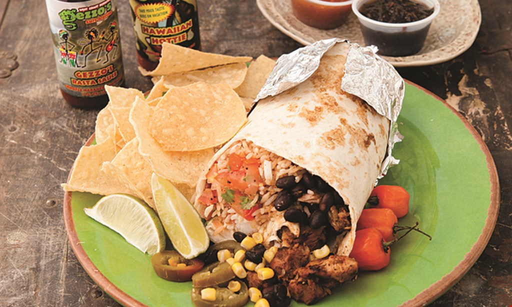 Product image for Gezzo's West Coast Burritos FREE ENTRÉE WITH PURCHASE OF ENTRÉE & 2 LARGE DRINKS.