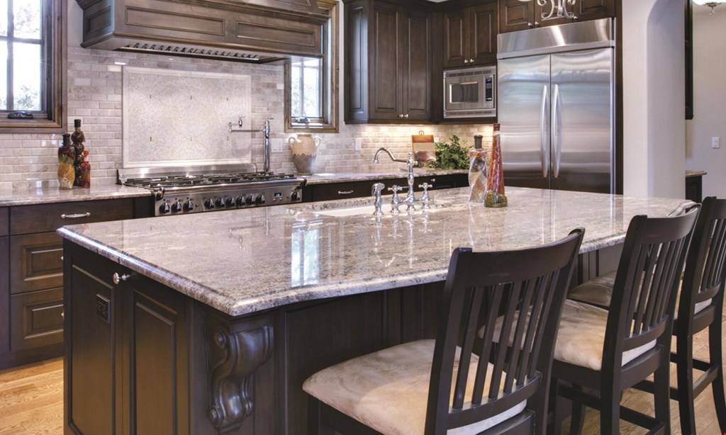 Product image for Granite Discounter $2899 Platinum Package Level A granite up to 40 sq. ft. Removal and disposal of old countertops. Plumbing and re-hook up. Premium stainless steel faucet and sink. Eased edge.