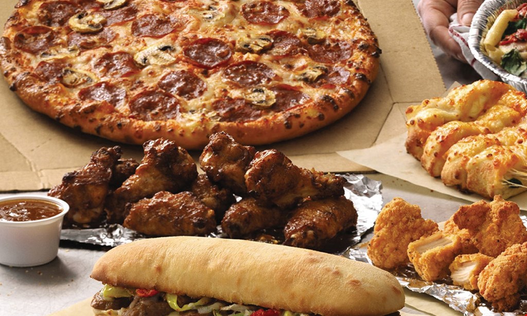 Product image for Dominos $19.99 +tax 2 Medium 1-Topping Pizzas & 16 pc. Parmesan Bread Bites & 8 pc. Cinnamon Bread Twists & Large Bottle of Coke