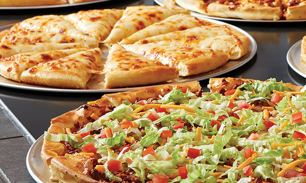 Product image for Pizza Inn $28.99 for 2 med. 2-topping pizzas, med. Cheesebread, med. Chocolate chip pizzert.