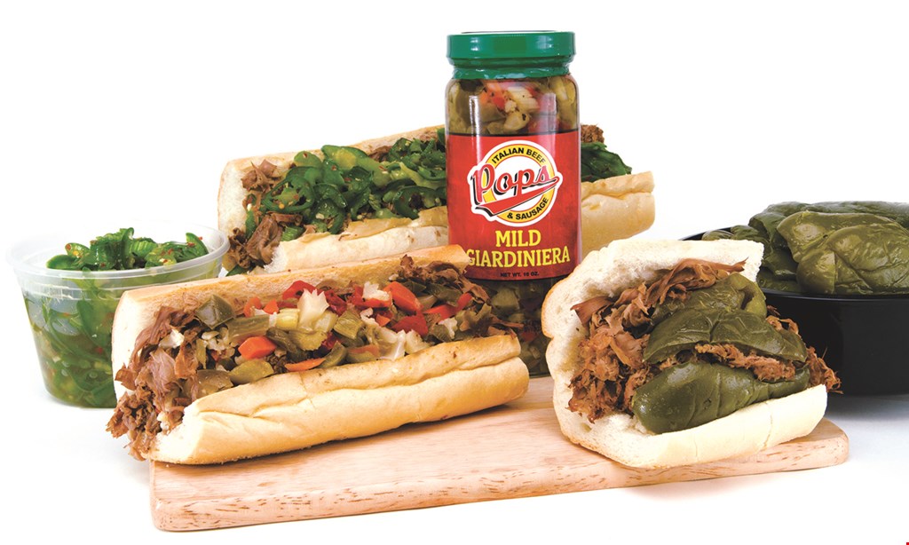 Product image for Pop's Italian Beef and Sausage $7.99 Italian beef sandwich & 1/2 fry. $4.99 breaded steak sandwich.