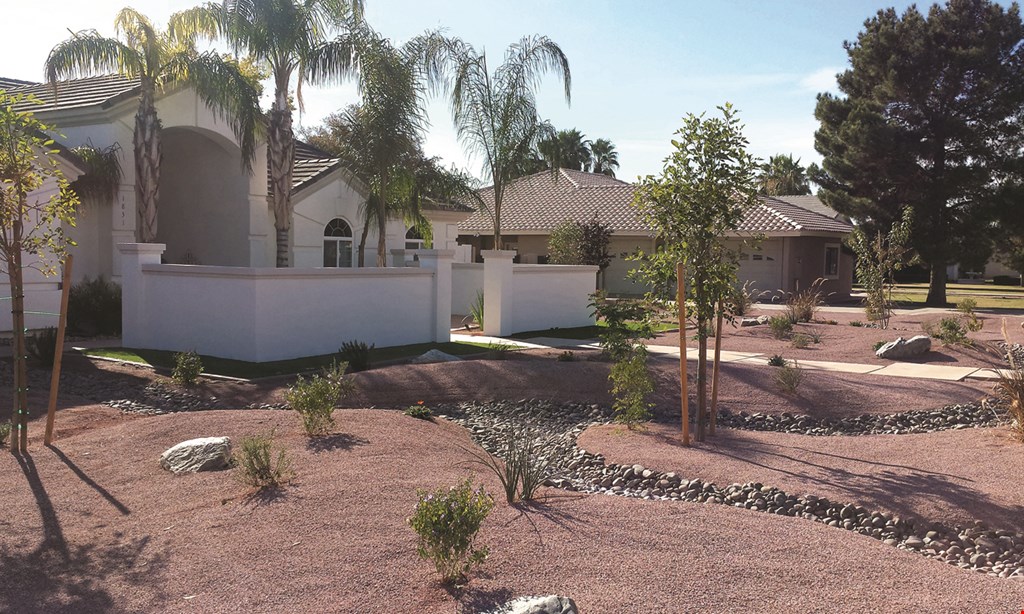 Product image for Refined Custom Landscape Construction $2999.00 starter pack. Complete irrigation with timer. (10) tons of rock (except Santa Fe colors), (3) 15 gallon trees, (10) 5 gallon bushes, ground cover. 