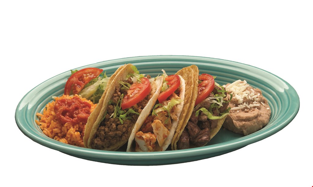 Product image for Pepe's Mexican Restaurant- Woodridge family meal deal $19.99 feeds a family of 4 - carry-out only. Includes 10 tacos, 1 side of rice, 1 side of beans, chips and a regular salsa. Choose from beef, chicken, pork or pasta