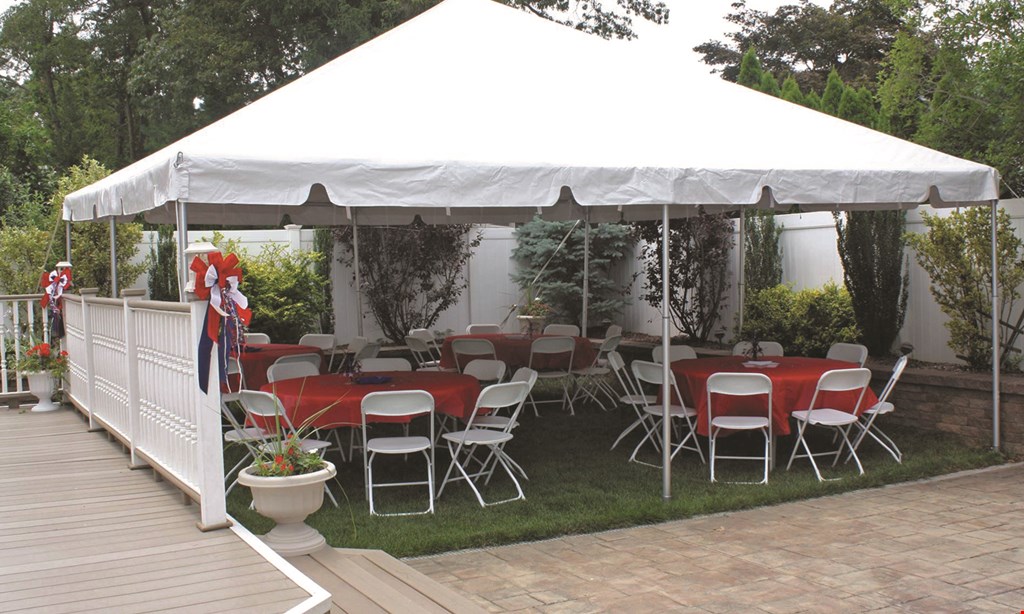 Product image for Top Shelf Tent Rental Only $375 20’x20’ White Frame Tent (4) 60” Round Tables • 1 Large Banquet Table 32 Chairs • 1 Set of Bulb Tent Lighting. 