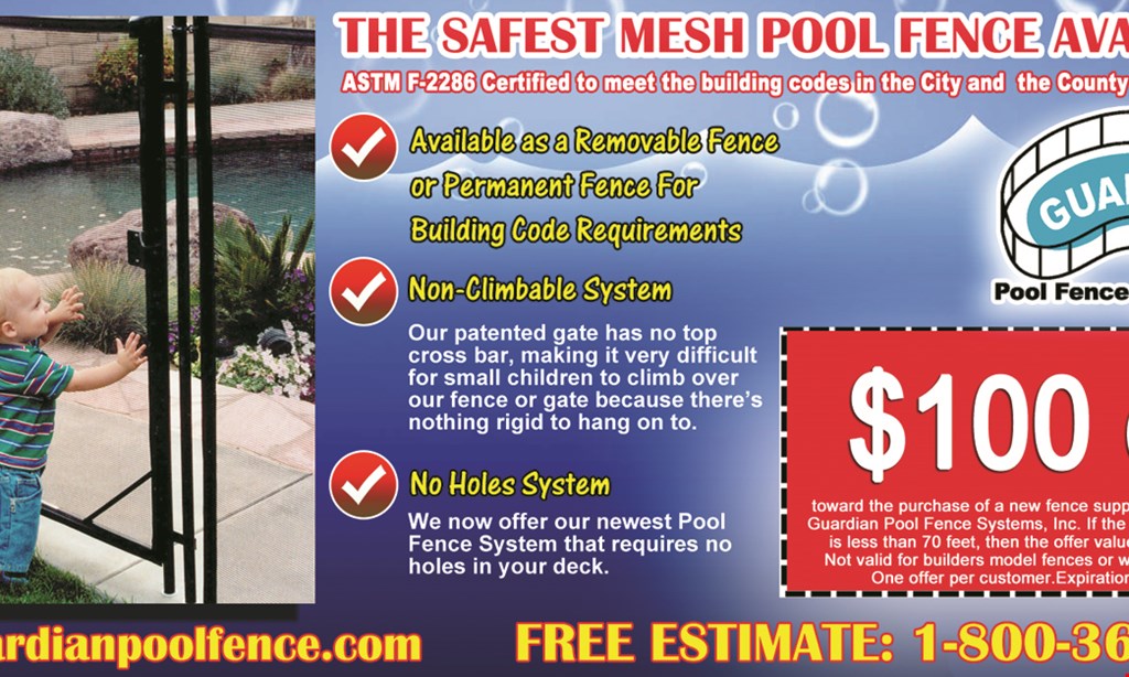 Product image for Guardian Pool Fence Systems $100 Off toward the purchase of a new fence at least 70 feet or longer, supplied and installed by Guardian Pool Fence Systems, Inc. 