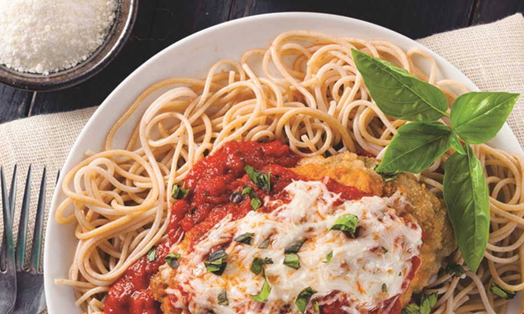 Product image for Calabria Restaurant TAKE-OUT TUESDAYS $26.95 +tax Your Choice Of A Half Tray Of Spaghetti With Meatballs, Chicken Parmesan, Chicken Francese With Pasta, Penne Alla Vodka With Chicken Cutlets Or Sausage With Peppers & Pasta Also Comes With A Half Tray Of Salad & Bread. 