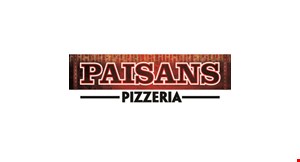 Product image for Paisans Pizzeria & Restaurant Brookfield $29.99 18" pizza and 12 wings.