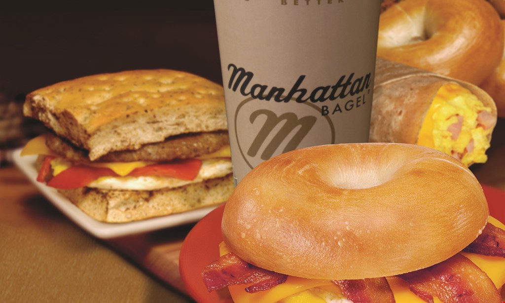 Product image for Manhattan Bagel $2.99 BAGEL WITH CREAM CHEESE & 16 OZ. COFFEE.