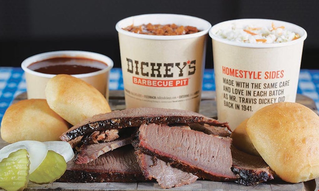 Product image for Dickey's Barbecue Pit Free Pulled Pork Sandwich with any plate purchase. 