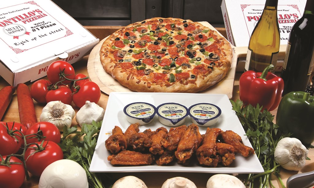 Product image for Pontillo's Pizzeria $32.99 large cheese pizza & 24 wings (regular or boneless). 