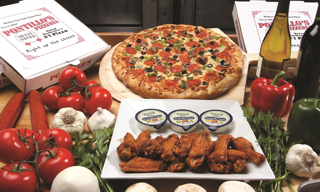 Product image for Pontillo's Pizzeria $24.99 large cheese pizza & 12 wings (regular or boneless). 