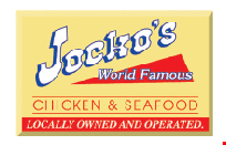 Product image for Jocko's World Famous Chicken & Seafood 4 PC. CHICKEN VALUE MEAL (All dark meat) ONLY $8.99 Includes 2 thighs, 2 drumsticks, choice of one regular side dish, 1 buttery baked biscuit and regular size drink. (No substitutions please). WITH COUPON SAVE $1.60.