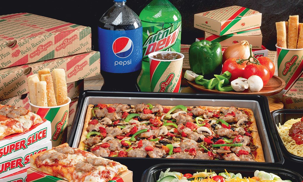 Product image for Rocky Rococo Pizza LUNCH SAVER. Regular Slice and Regular Drink $6.49.
