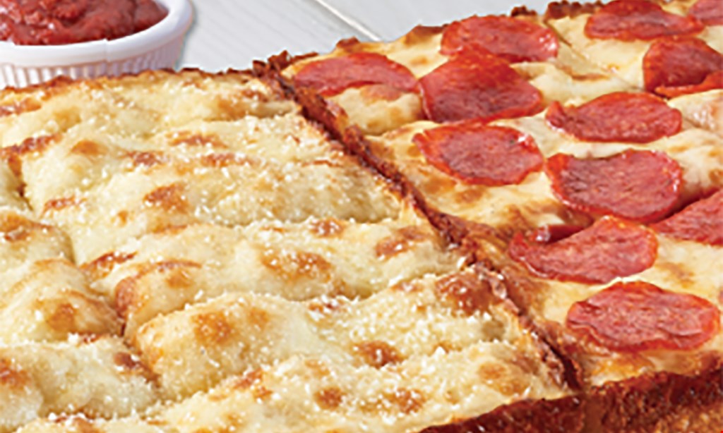 Product image for Jets Pizza Joliet $14.99 online code DUO1 Deep dish duo SMALL DETROIT-STYLE PIZZA WITH PREMIUM MOZZARELLA & 1 TOPPING PLUS AN ORDER OF OUR DEEP DISH BREAD. SERVED WITH YOUR CHOICE OF DIPPING SAUCE. 