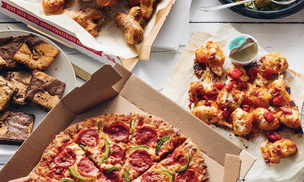 Product image for Dominos $19.99 +tax 2 medium 1-Topping Pizzas + Cinnamon Bread Twists + 16pc Parmesan Bread Bites.