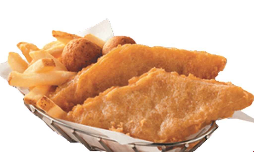 Product image for Long John Silver's $5.00 fish or chicken basket includes fries and hush puppies not valid on cod or shrimp baskets. 