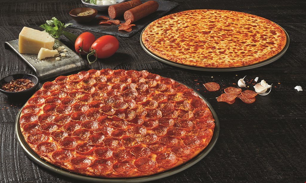 Product image for Donatos Pizza $26.00 14” 1-topping pizza, full breadsticks (6pc), & full wings (12pc).