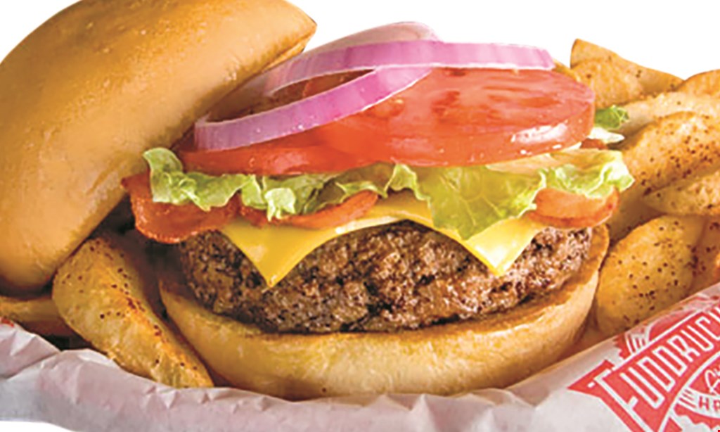 Product image for Fuddruckers ONLY $25 4 - 1/3 Pound Burgers Combo. With this coupon. Coupon must be presented at time of ordering.