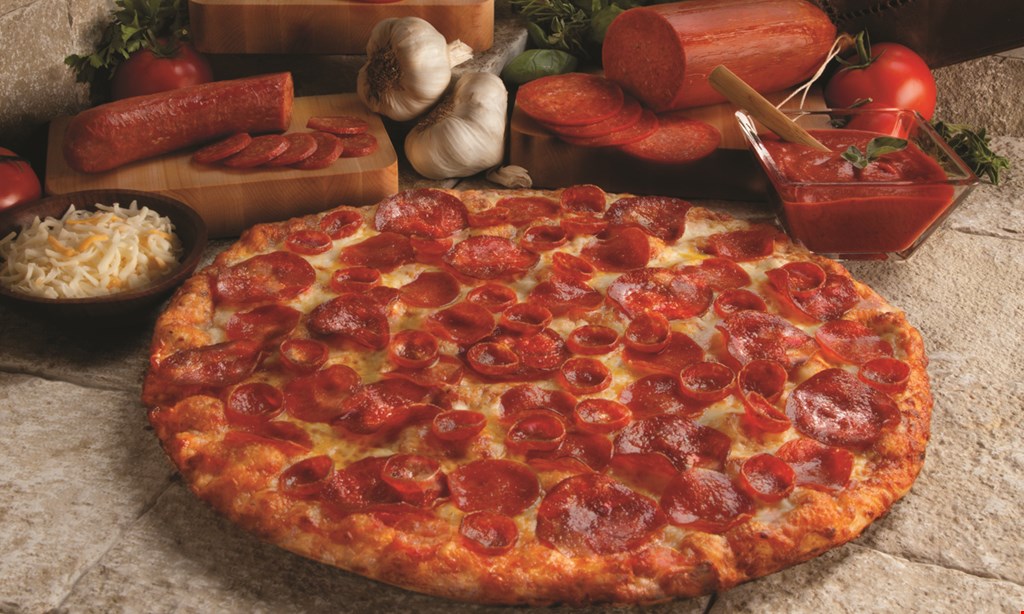 Product image for Round Table Pizza $15.99 +tax One Large 2-Topping Pizza Original Crust. $17.99+tax One XL 1-Topping Pizza Original Crust. free 2 Salads With Purchase Of 1 Large Pizza Original Crust. 