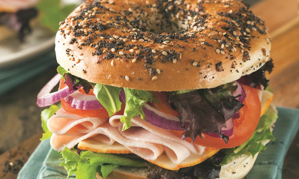 Product image for Manhattan Bagel Only $7.99 turkey & cheese on a bagel, roll or croissant. 