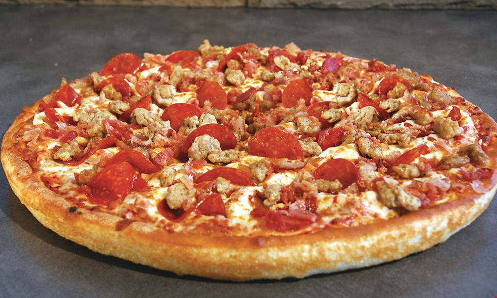 Product image for East Of Chicago Pizza Loaded crust 3-topping pizza. Medium $13.99. Large $16.99. Pepperoni and Cheese Baked Inside The Crust! • Does not include Specialty Pizzas.