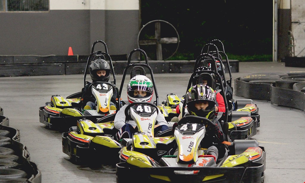 Product image for Sykart Indoor Racing Center FREE 10 minute race Buy two 10-minute races, get one ten minute race free. 