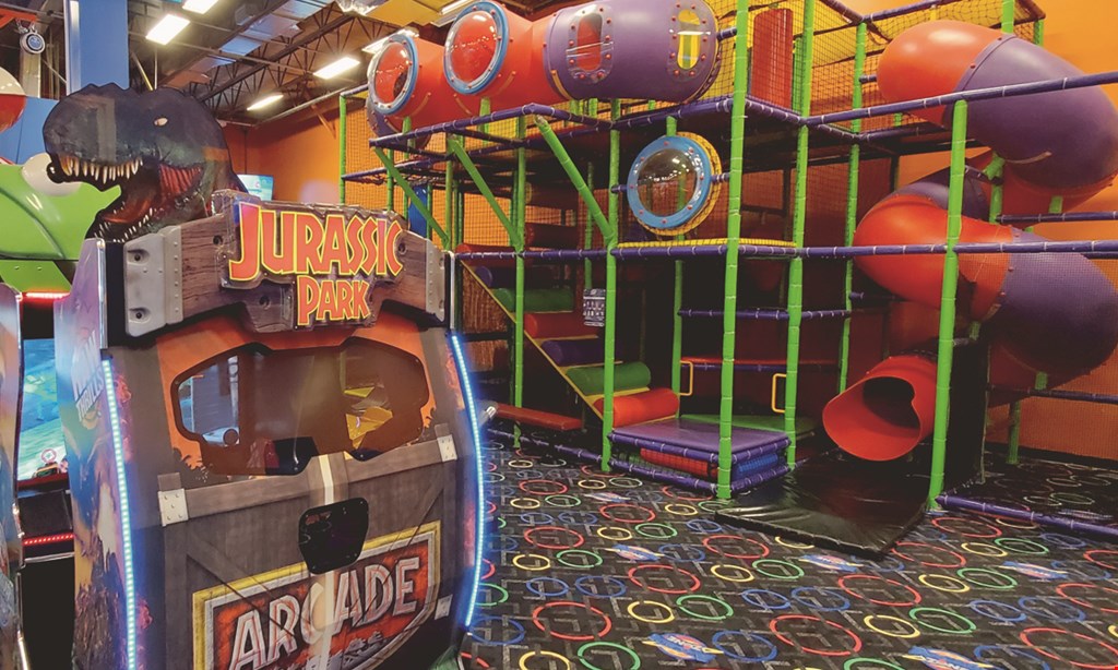 Product image for Arcade Zone $29.95 family package. 1 large pizza, 1 pitcher of soda, $20 arcade card. 