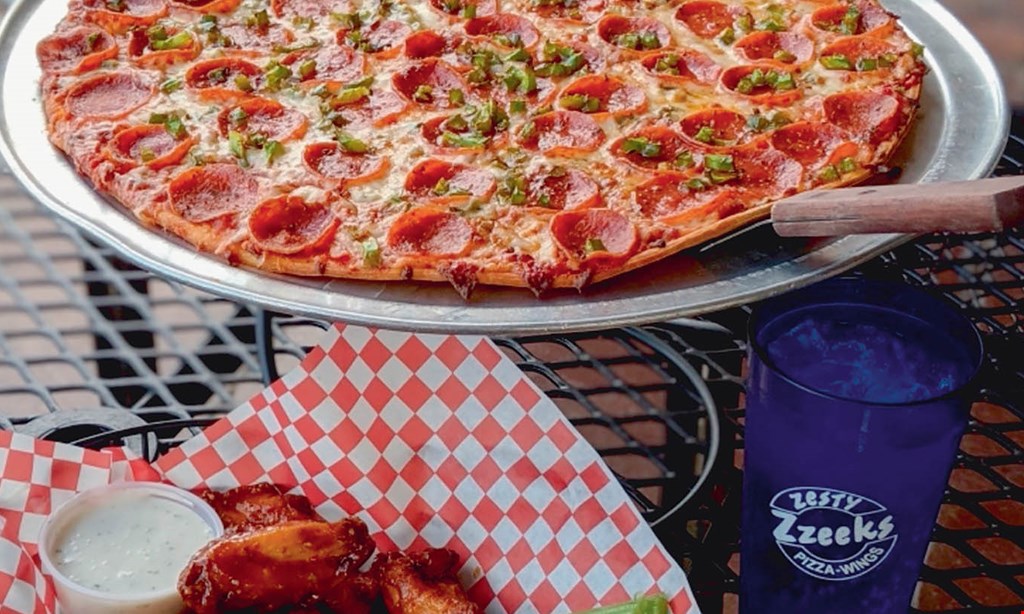 Product image for Zesty Zzeek's Pizza And Wings $37.99 16” cheese pizza, 20 boneless wings, breadsticks & 2-literbone in wings are $3 extra. 