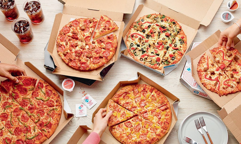 Product image for Domino's Pizza $21.99 2 Medium 1-Topping Pizzas, 8 Pieces Cinnamon Twist, 16 Parmesan Bites, 2-Liter Coke. 