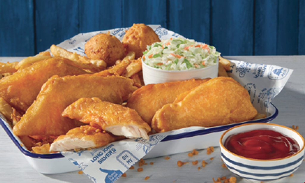 Product image for LONG JOHN SILVERS $21.998 PC. FAMILY MEALIncludes: Fresh Cole Slaw, Natural-cut French Fries, & 8 Golden Hushpuppies. 