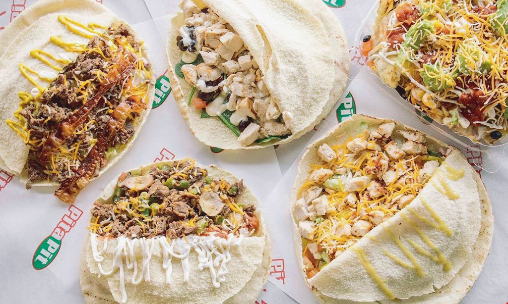 Product image for Pita Pit $8 Brunch Box Includes: QuesaPita w/chicken, pepperjack or cheddar cheese, buffalo or schug sauce, a fountain drink and a cookie.