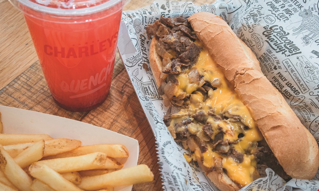 Product image for Charley's Cheesesteaks Free original fries with purchase of any drink.