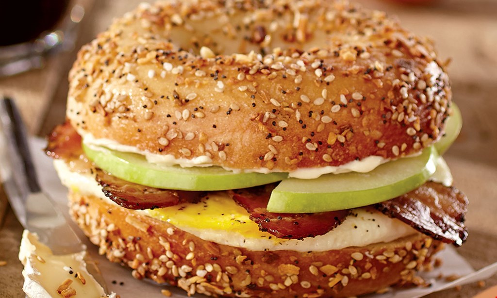 Product image for Bruegger's Bagels With this coupon. Free bagel with cream cheese with any large beverage purchase. 