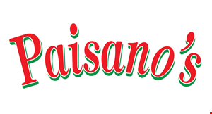Product image for Paisano's Italian Entrees & Homemade Pizza $21.95 large 16” pizza thin crust includes 3 toppings & baked garlic bread topped with mozzarella cheese extra toppings $1.50 each.