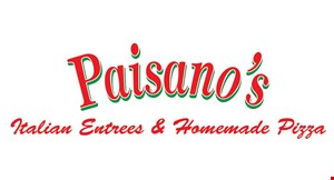 Product image for Paisano's Italian Entrees & Homemade Pizza $19.95 large 16” pizza thin crust includes 3 toppings and order of garlic bread extra toppings $1.50 each. 