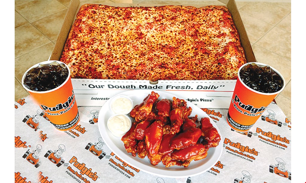 Product image for Pudgies Pizza, Pasta & Subs FREE medium cheese pizza with purchase of a sheet one-topping pizza.