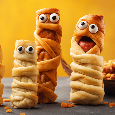 Hot dogs wrapped to look like mummies