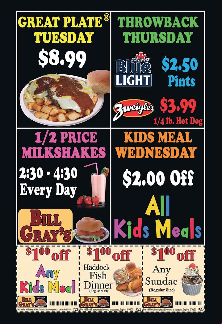 1 off any kids meal at Bill Gray's Taproom Brockport Webster, NY