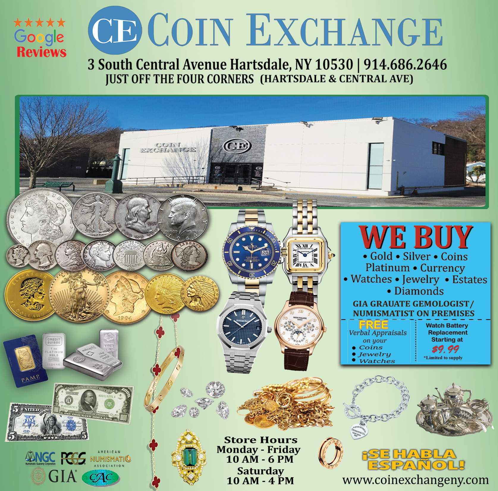 FREE verbal appraisals on your Coins Jewelry Watches. at Coin