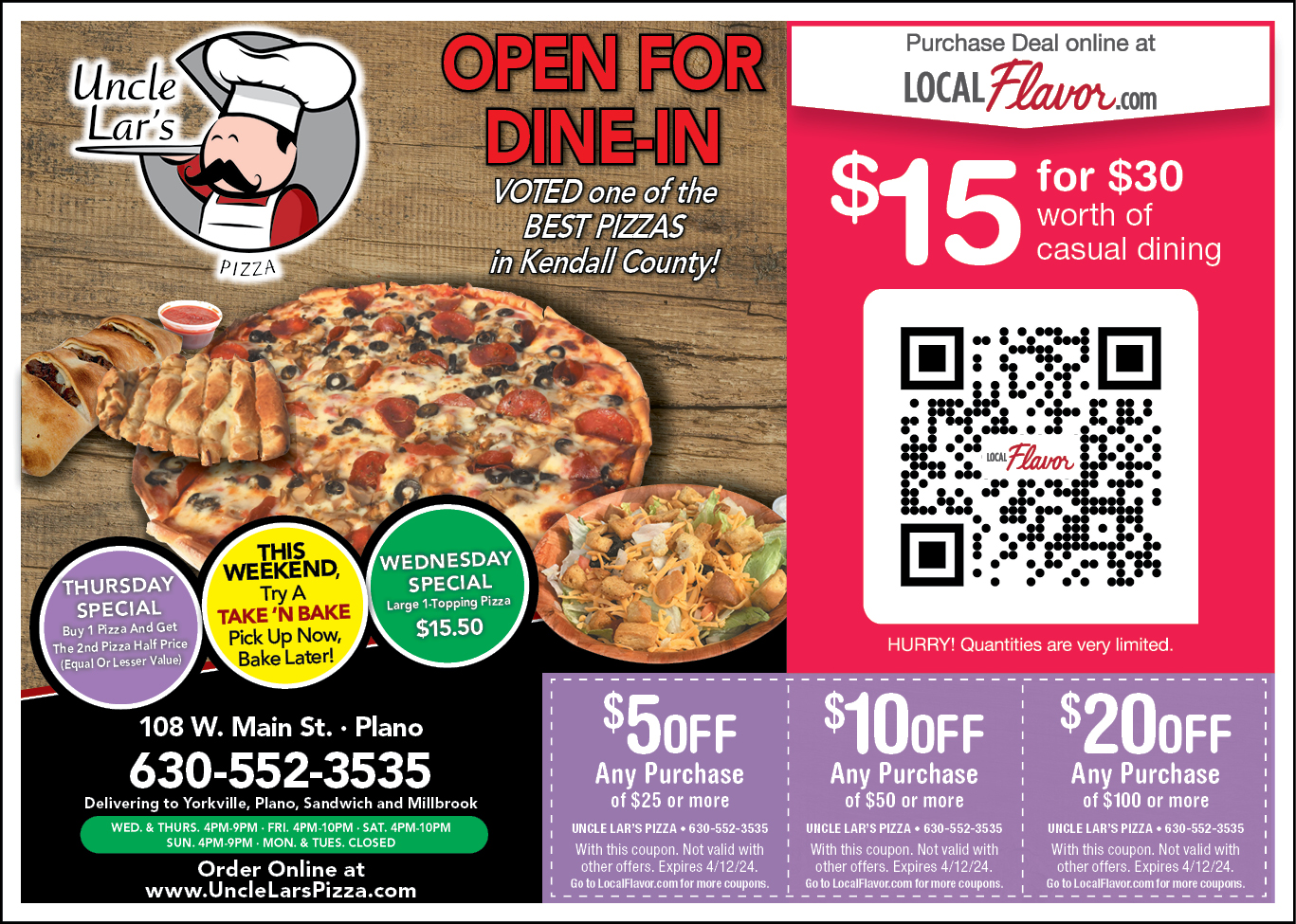 Uncle Lar s Pizza Coupons Deals Plano IL