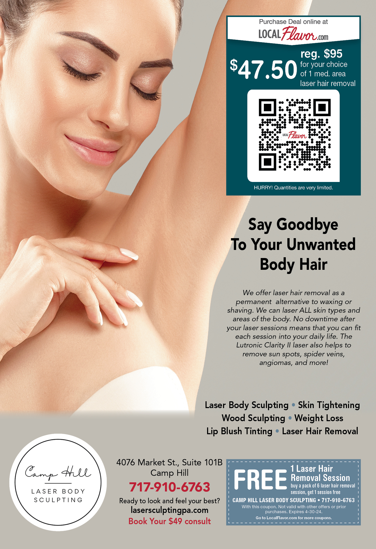 Free 1 laser hair removal session. at Camp Hill Laser Body